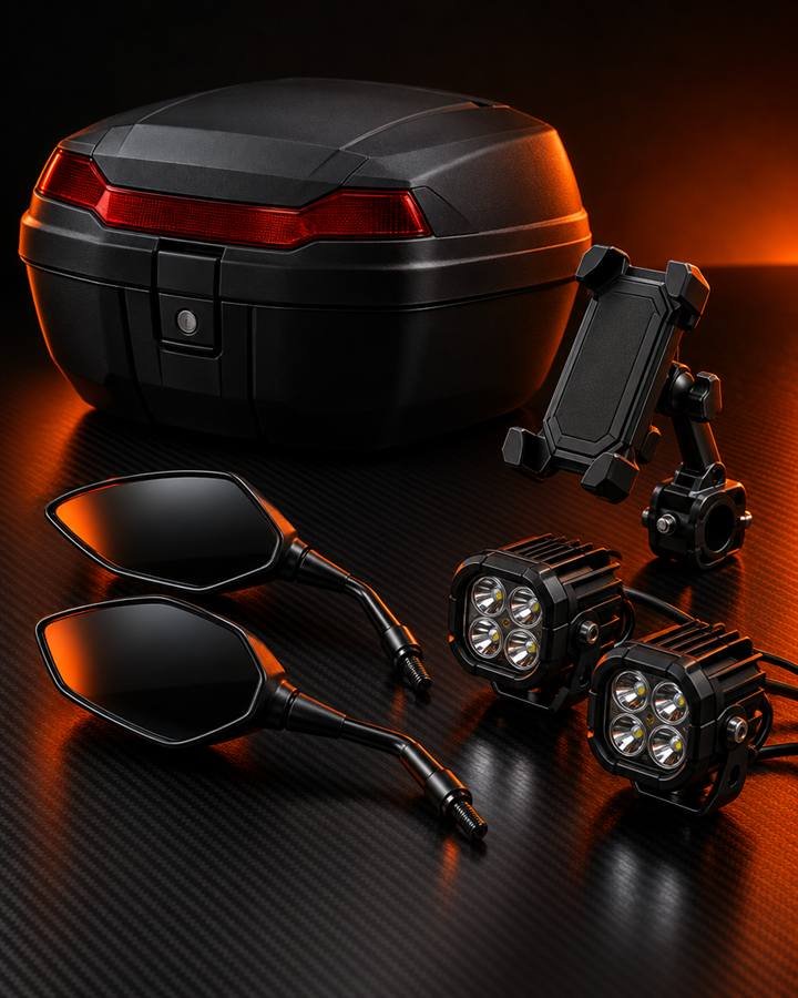 Accesorios para moto: baúl, soporte de celular, retrovisores y luces LED