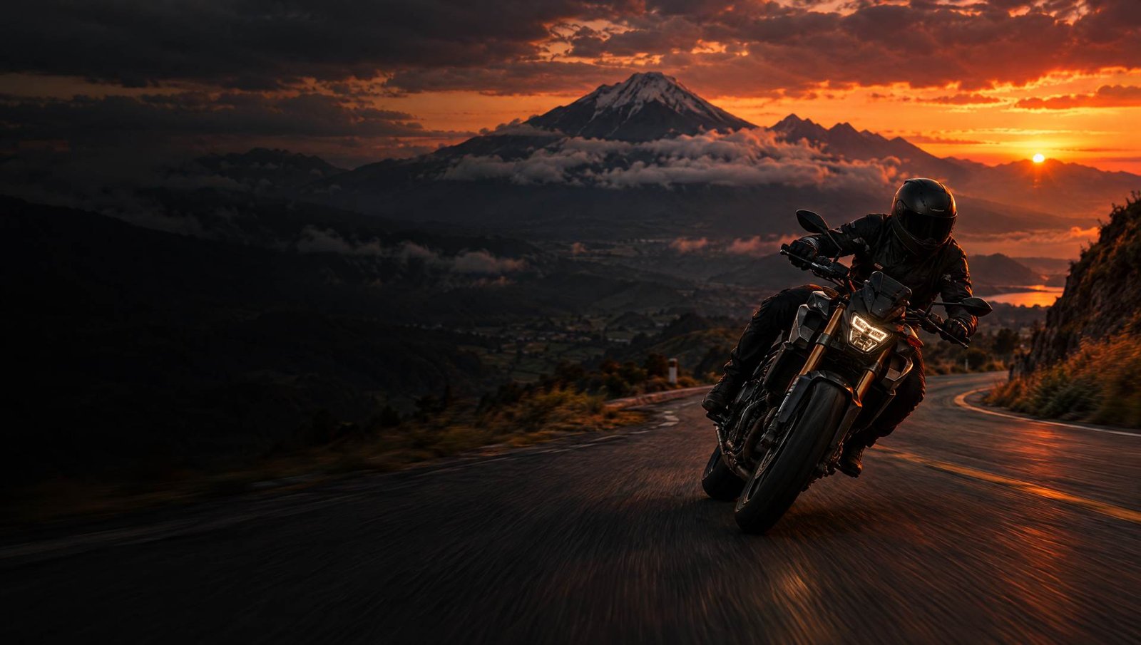 Motociclista tomando una curva en una carretera de los Andes ecuatorianos al atardecer