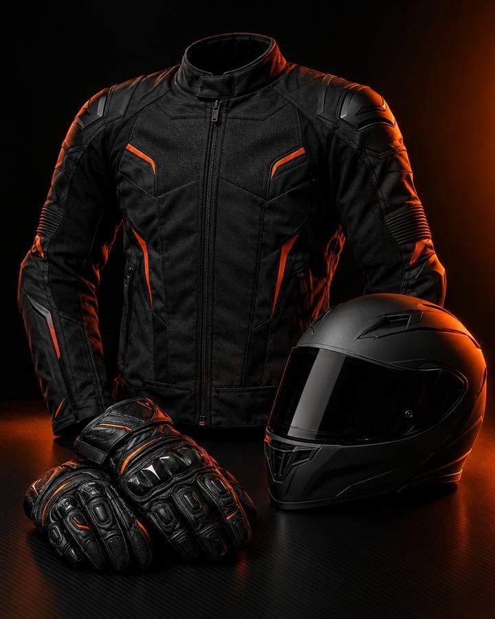 Indumentaria para motociclistas: chaqueta con protecciones, guantes y casco
