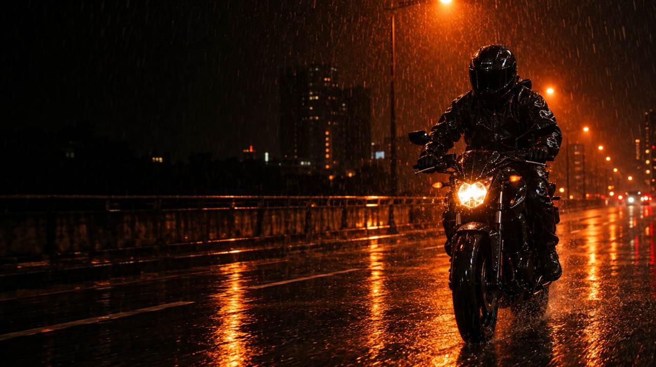 Motociclista con traje impermeable bajo la lluvia de noche
