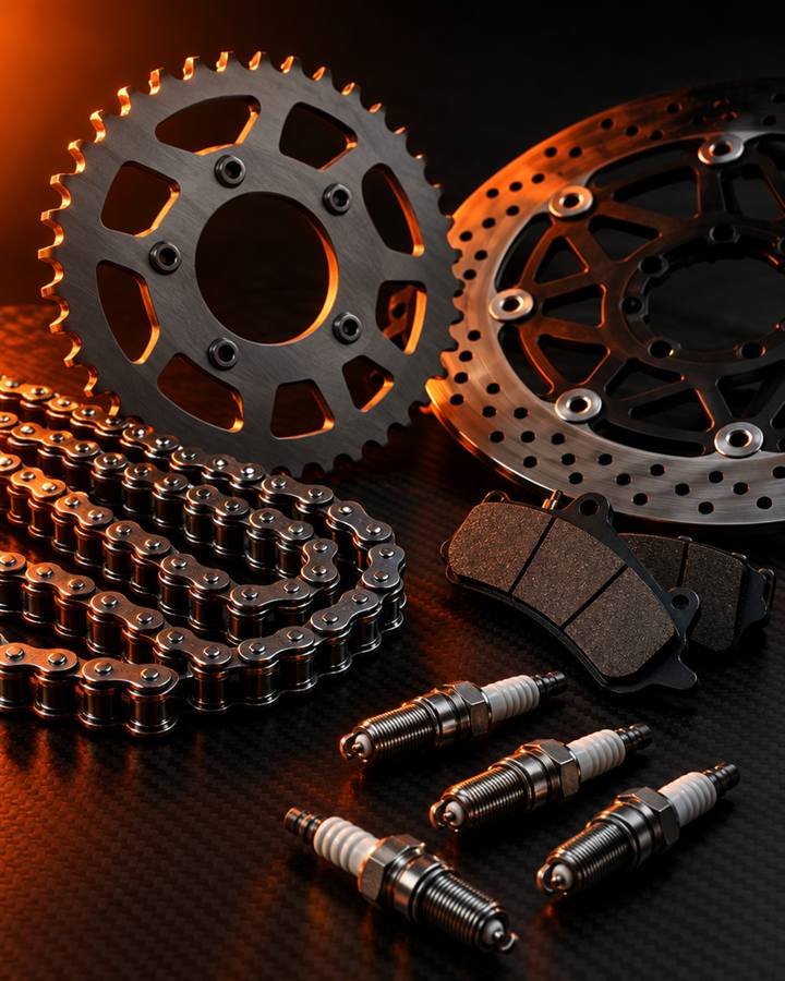 Repuestos para moto: cadena, piñón, disco y pastillas de freno, bujías