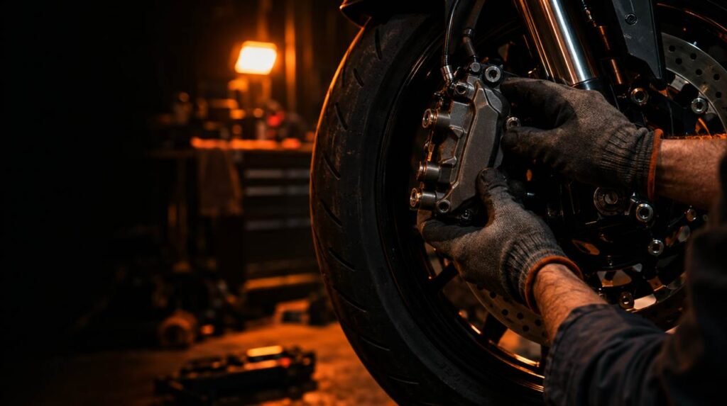 Mecánico instalando una mordaza de freno en una motocicleta
